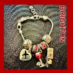 🍷 Brighton Silver & Red Adventure Necklace-Wine, Camera, Airplane charms & Beads